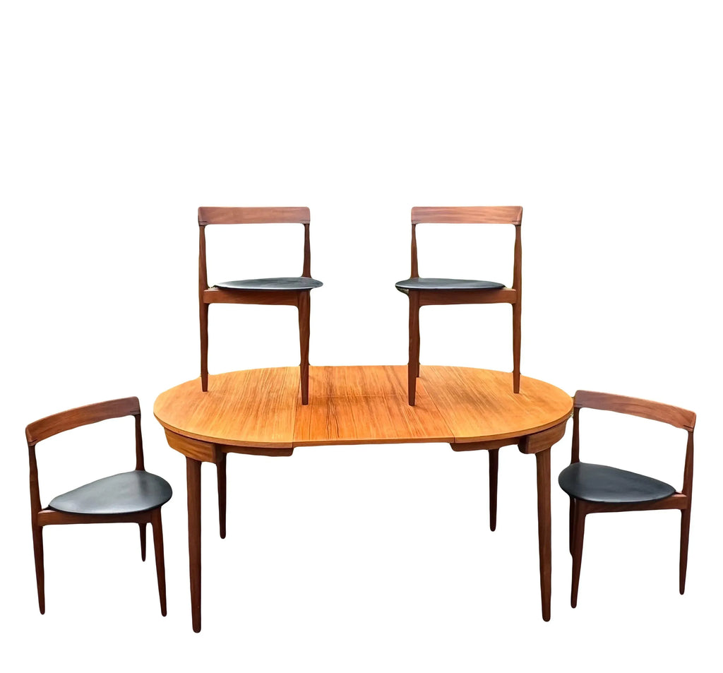 Rare Mid 20th Century Danish Teak Hans Olsen for Frem Rojle Expanding Dining Table With 4 Triangular Nesting Chairs