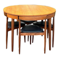 Rare Mid 20th Century Danish Teak Hans Olsen for Frem Rojle Expanding Dining Table With 4 Triangular Nesting Chairs