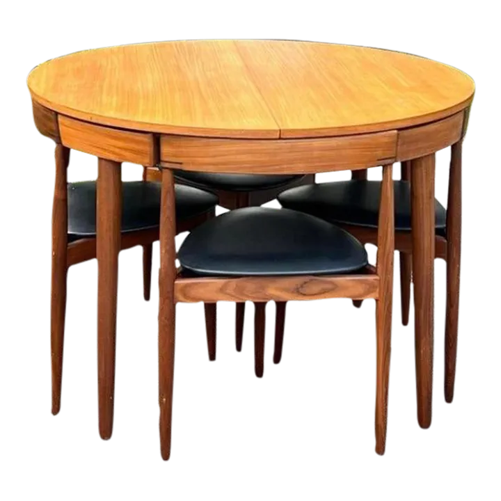 Rare Mid 20th Century Danish Teak Hans Olsen for Frem Rojle Expanding Dining Table With 4 Triangular Nesting Chairs
