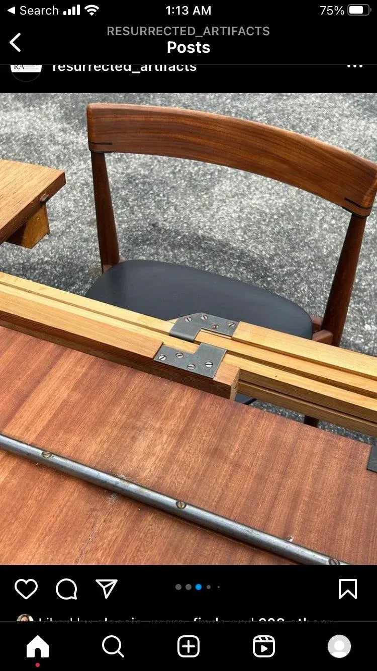 Rare Mid 20th Century Danish Teak Hans Olsen for Frem Rojle Expanding Dining Table With 4 Triangular Nesting Chairs