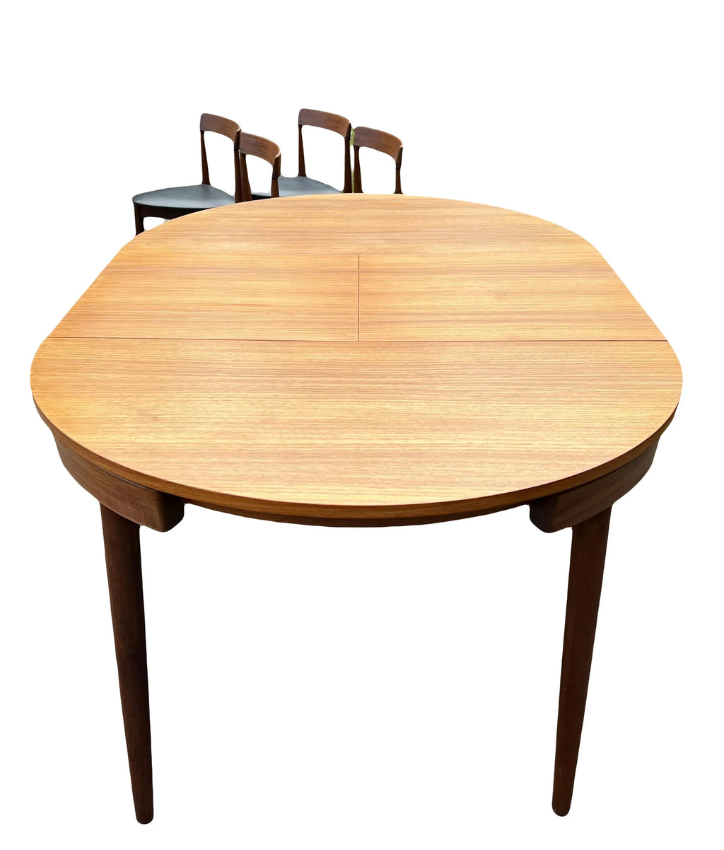 Rare Mid 20th Century Danish Teak Hans Olsen for Frem Rojle Expanding Dining Table With 4 Triangular Nesting Chairs