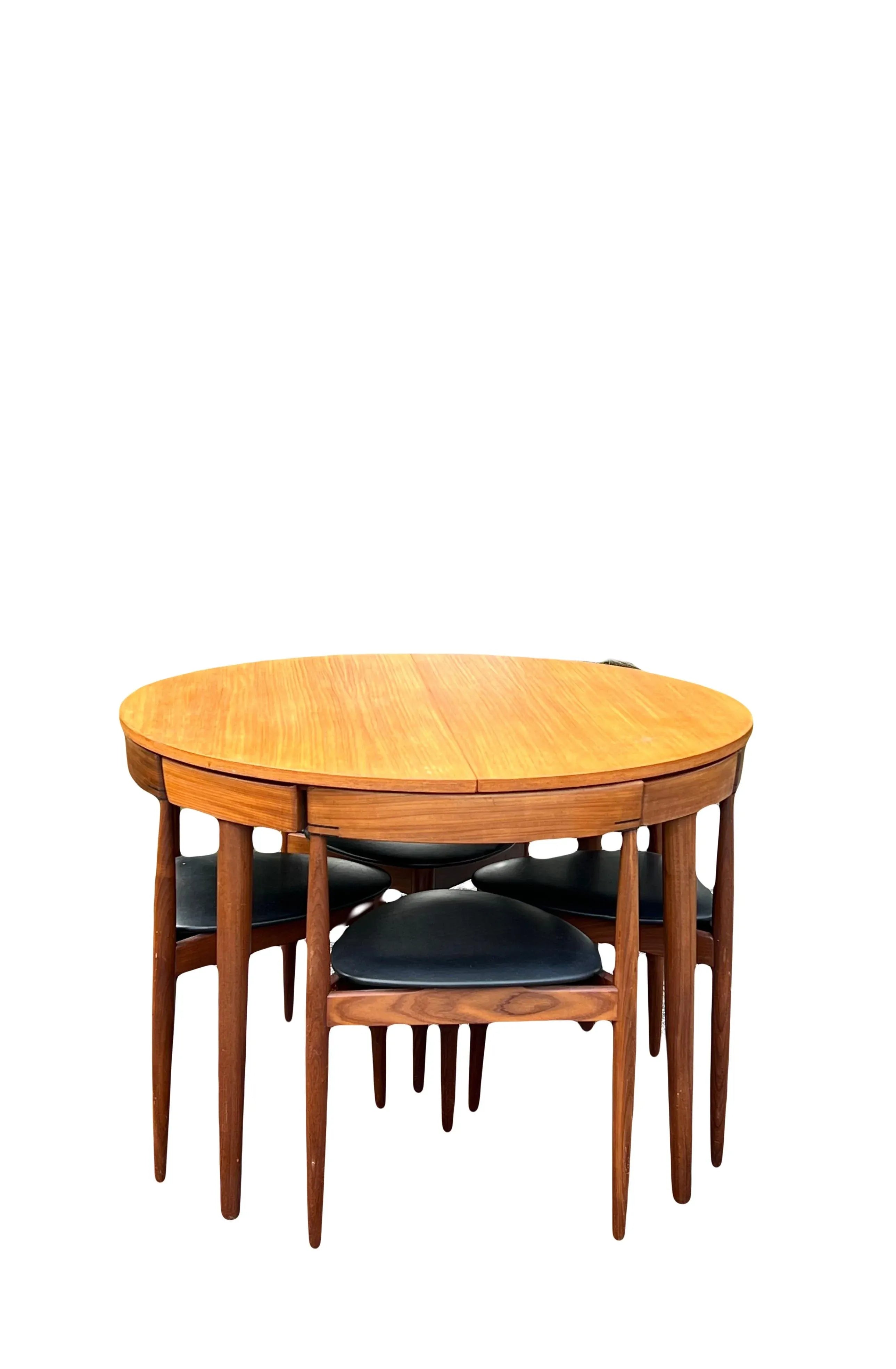 Rare Mid 20th Century Danish Teak Hans Olsen for Frem Rojle Expanding Dining Table With 4 Triangular Nesting Chairs