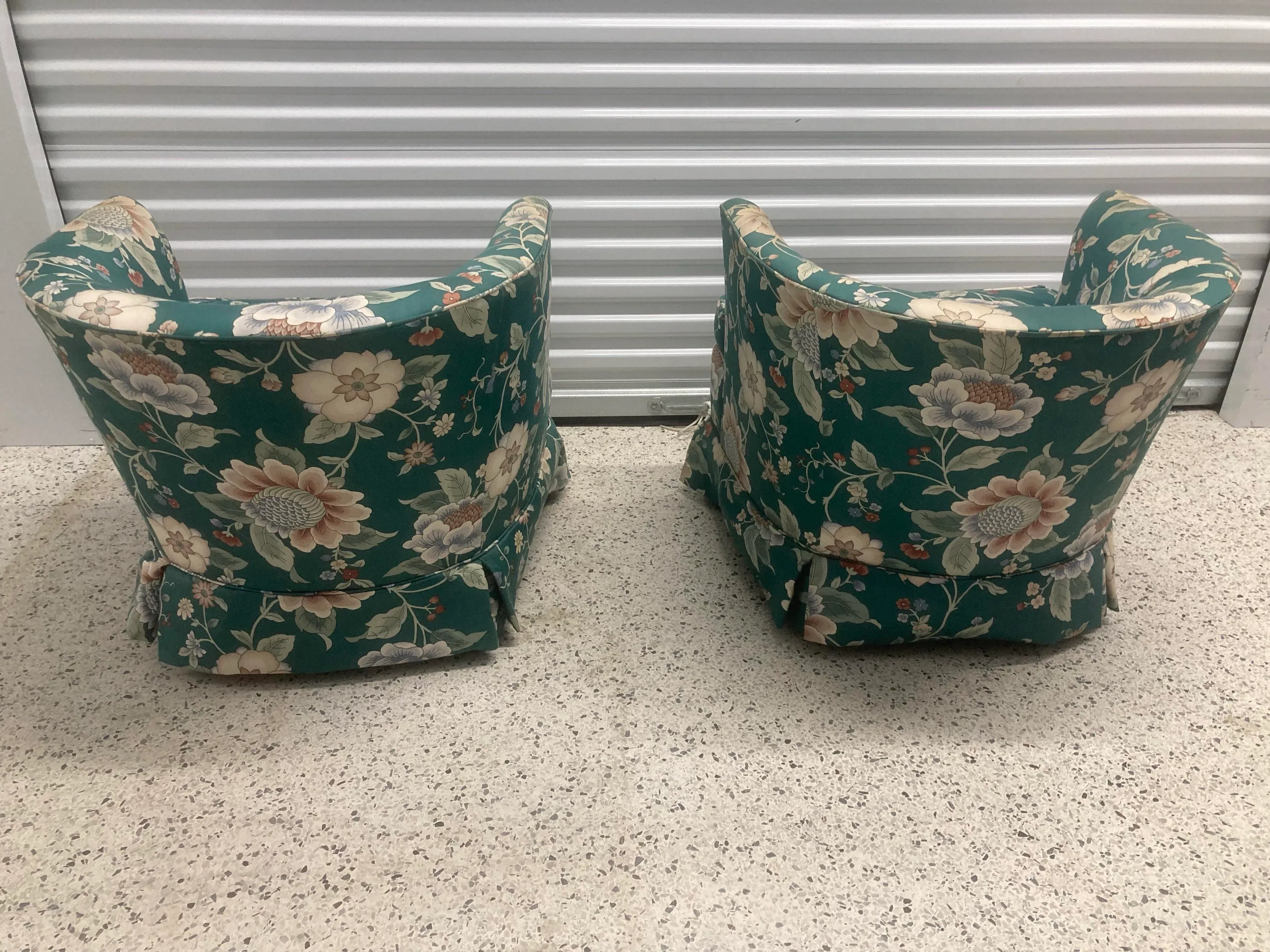 Vintage 1980s Drexel Heritage Cottage Core Boho Barrel Club Chairs in Green Floral Motif - A Pair
