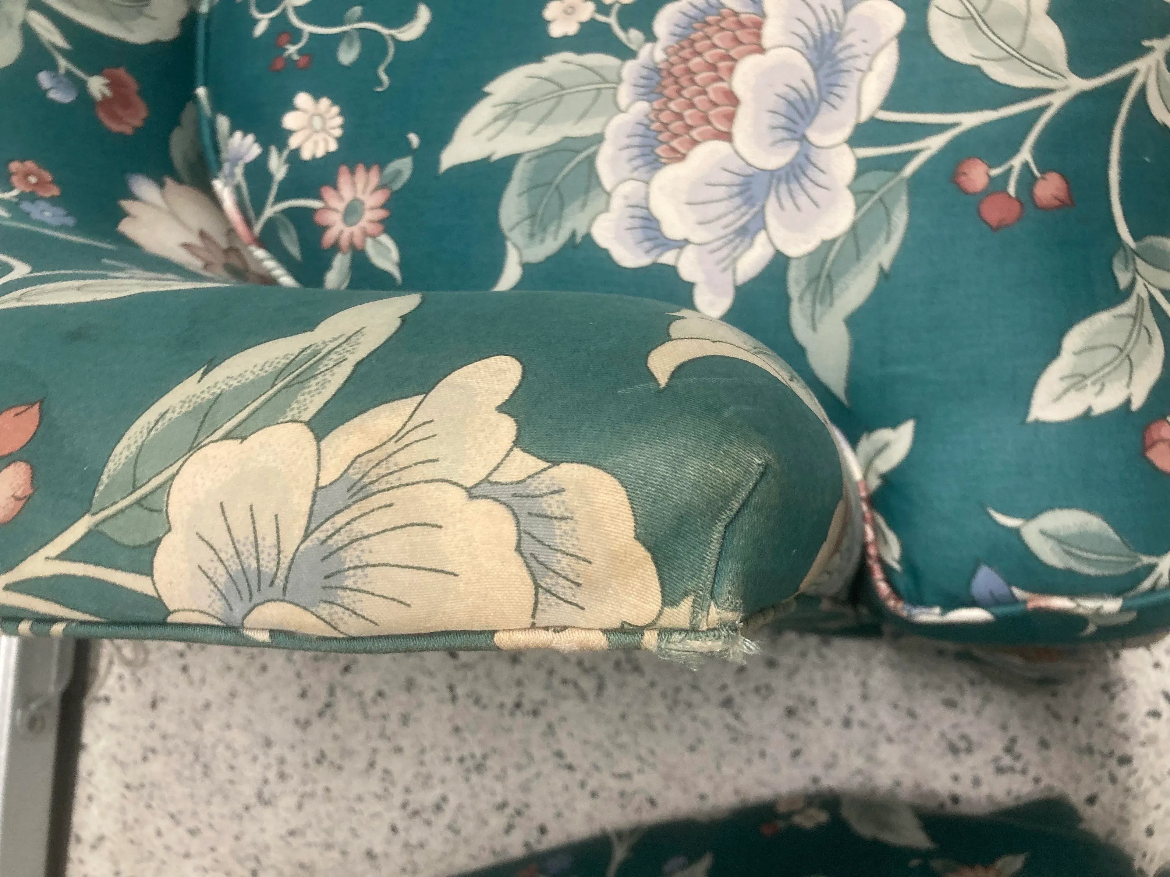 Vintage 1980s Drexel Heritage Cottage Core Boho Barrel Club Chairs in Green Floral Motif - A Pair