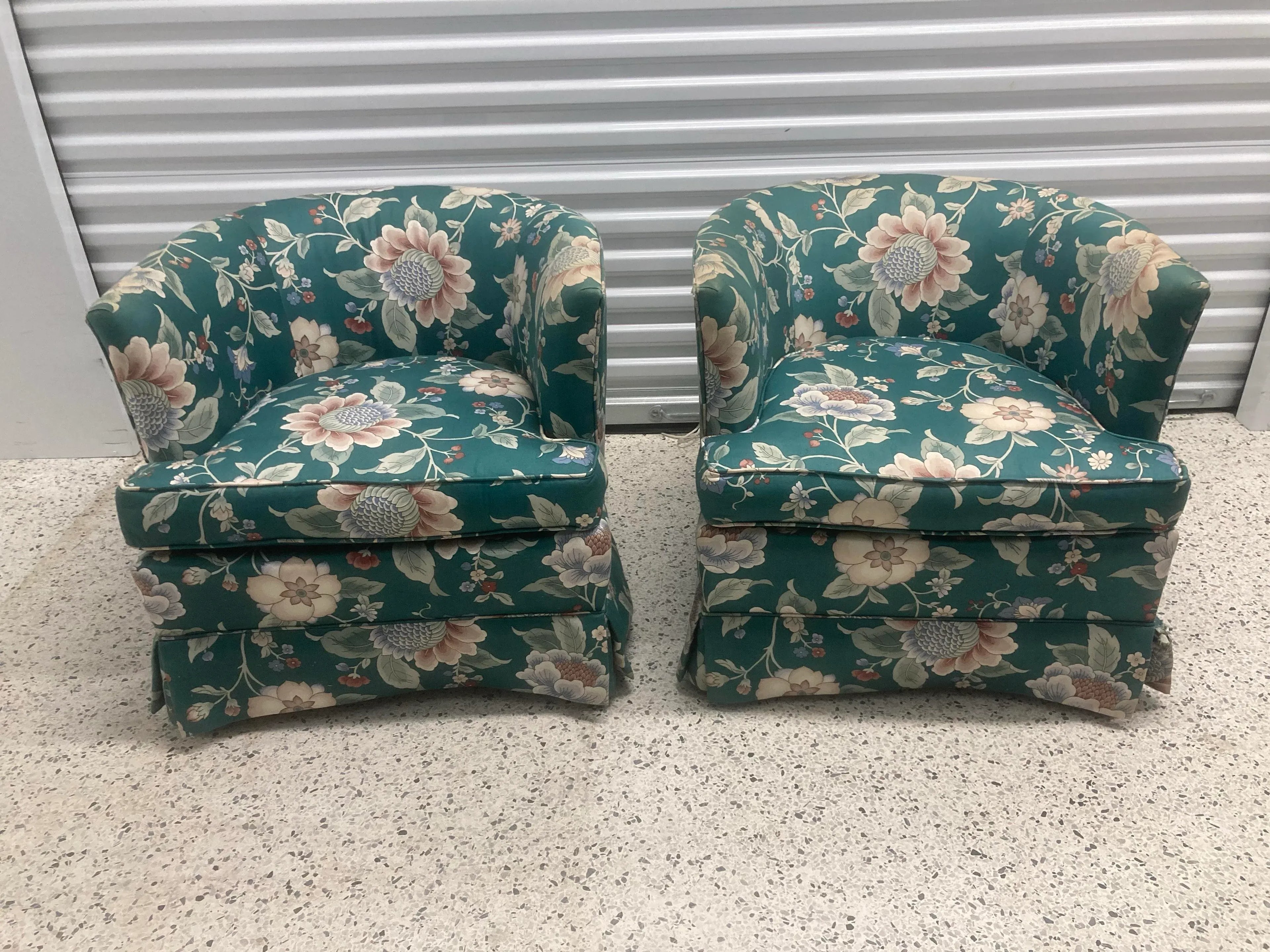 Vintage 1980s Drexel Heritage Cottage Core Boho Barrel Club Chairs in Green Floral Motif - A Pair