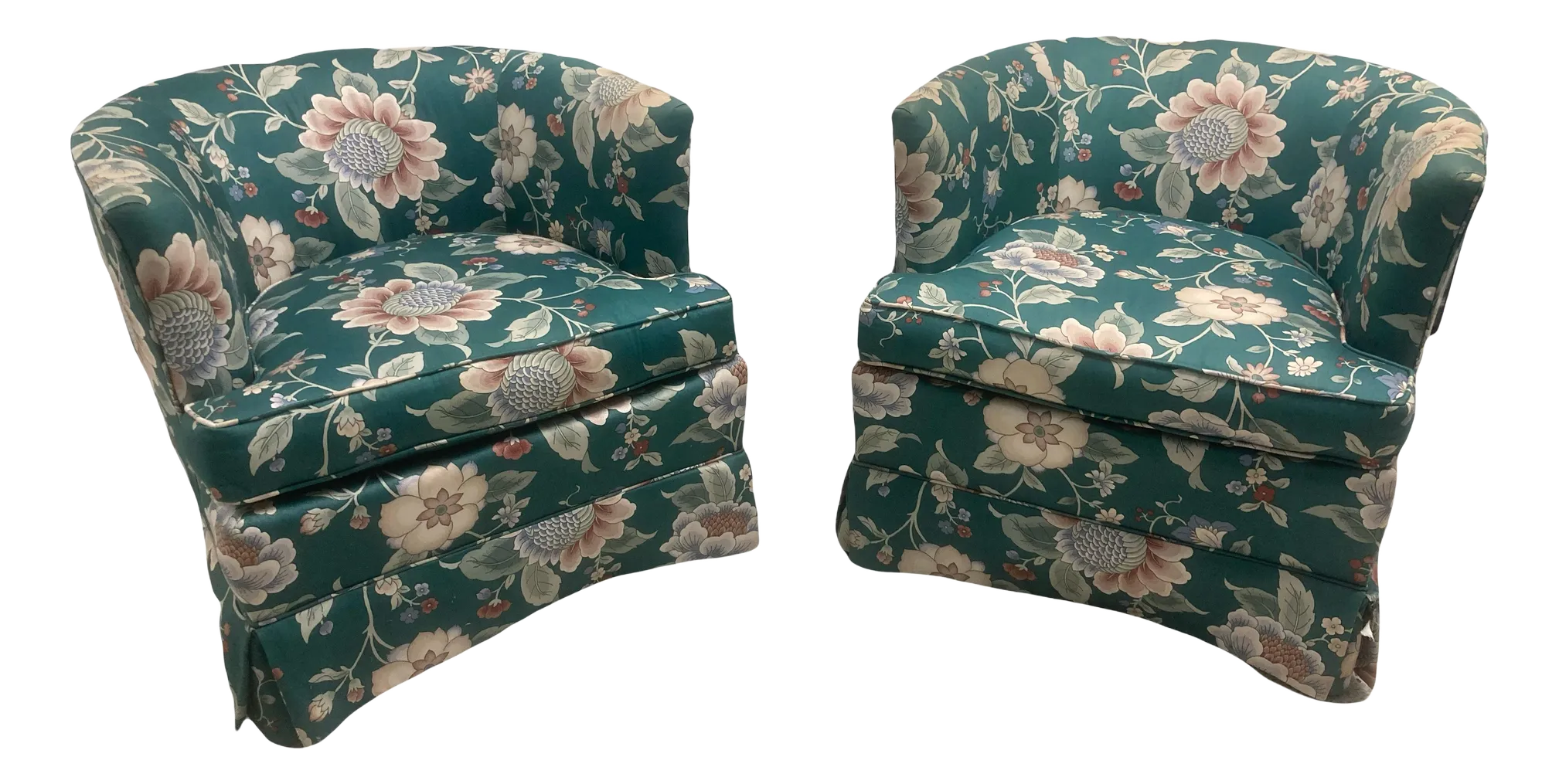 Vintage 1980s Drexel Heritage Cottage Core Boho Barrel Club Chairs in Green Floral Motif - A Pair