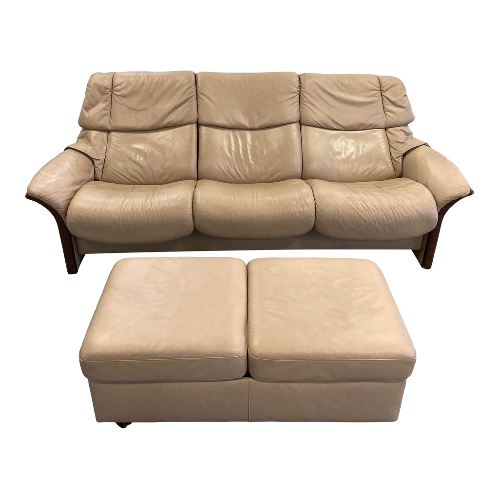 Vintage Ekornes Stressless Eldorado High Back Leather Reclining Sofa and Ottoman