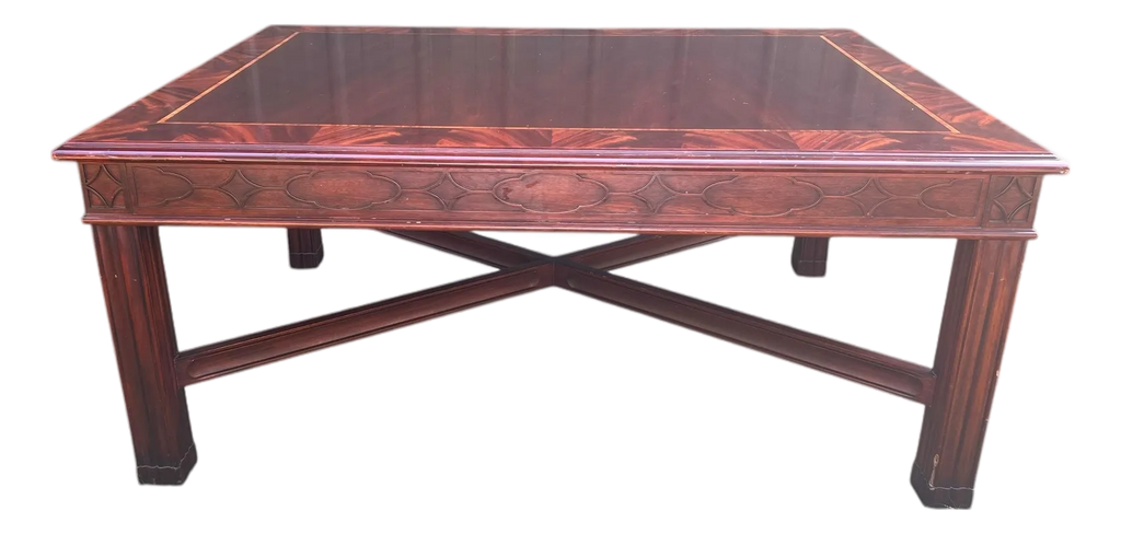 Vintage Henkel Harris Coffee Table in Satinwood or Tulipwood and Banded Flame Mahogany