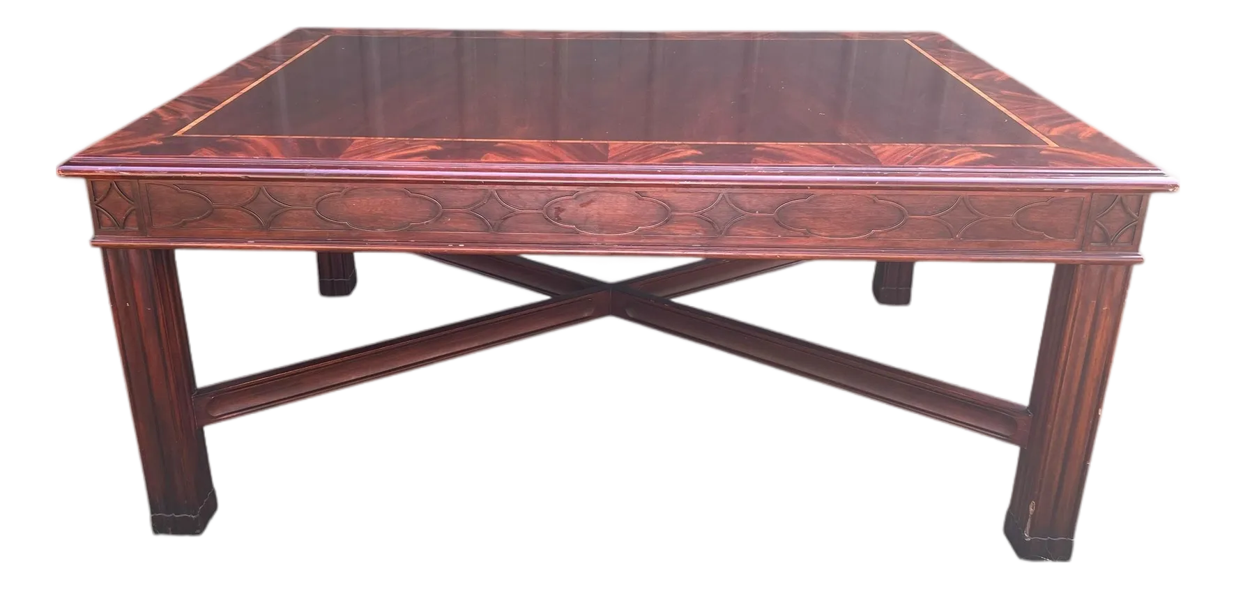 Vintage Henkel Harris Coffee Table in Satinwood or Tulipwood and Banded Flame Mahogany