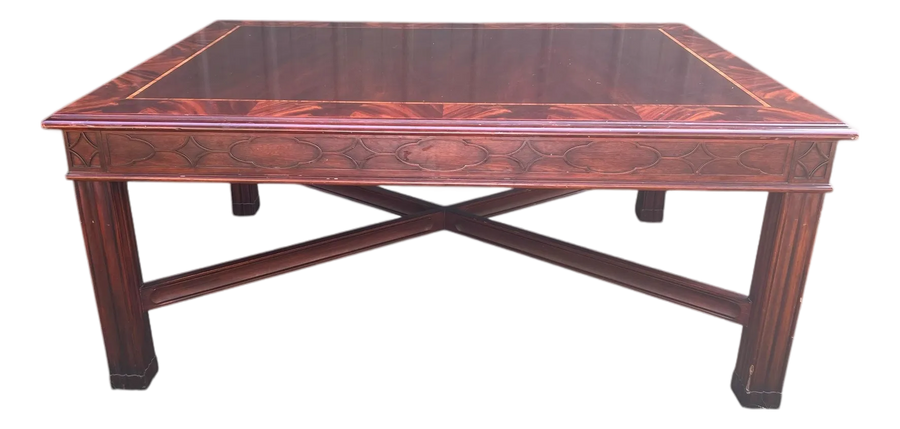 Vintage Henkel Harris Coffee Table in Satinwood or Tulipwood and Banded Flame Mahogany