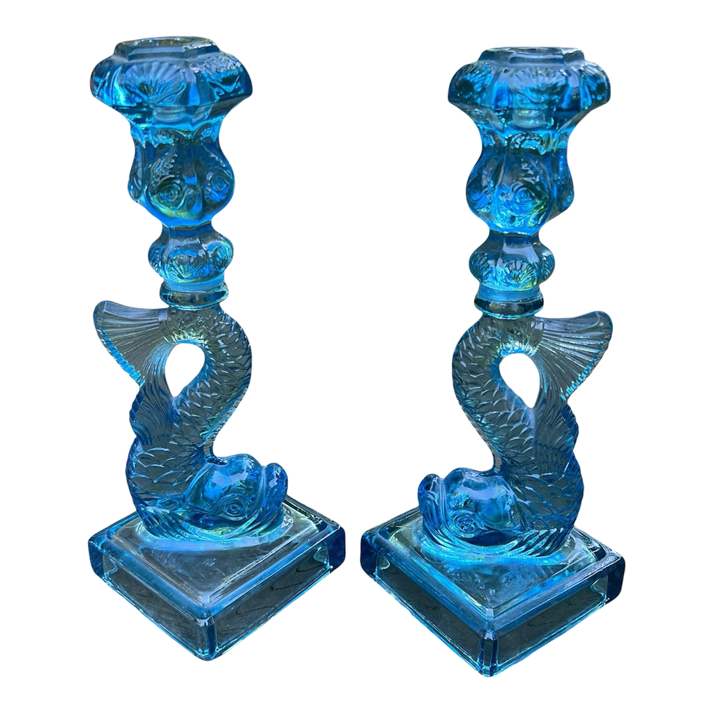 Vintage Metropolitan Museum of Art Imperial Blue Glass Koi Candlesticks - A Pair