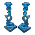 Vintage Metropolitan Museum of Art Imperial Blue Glass Koi Candlesticks - A Pair