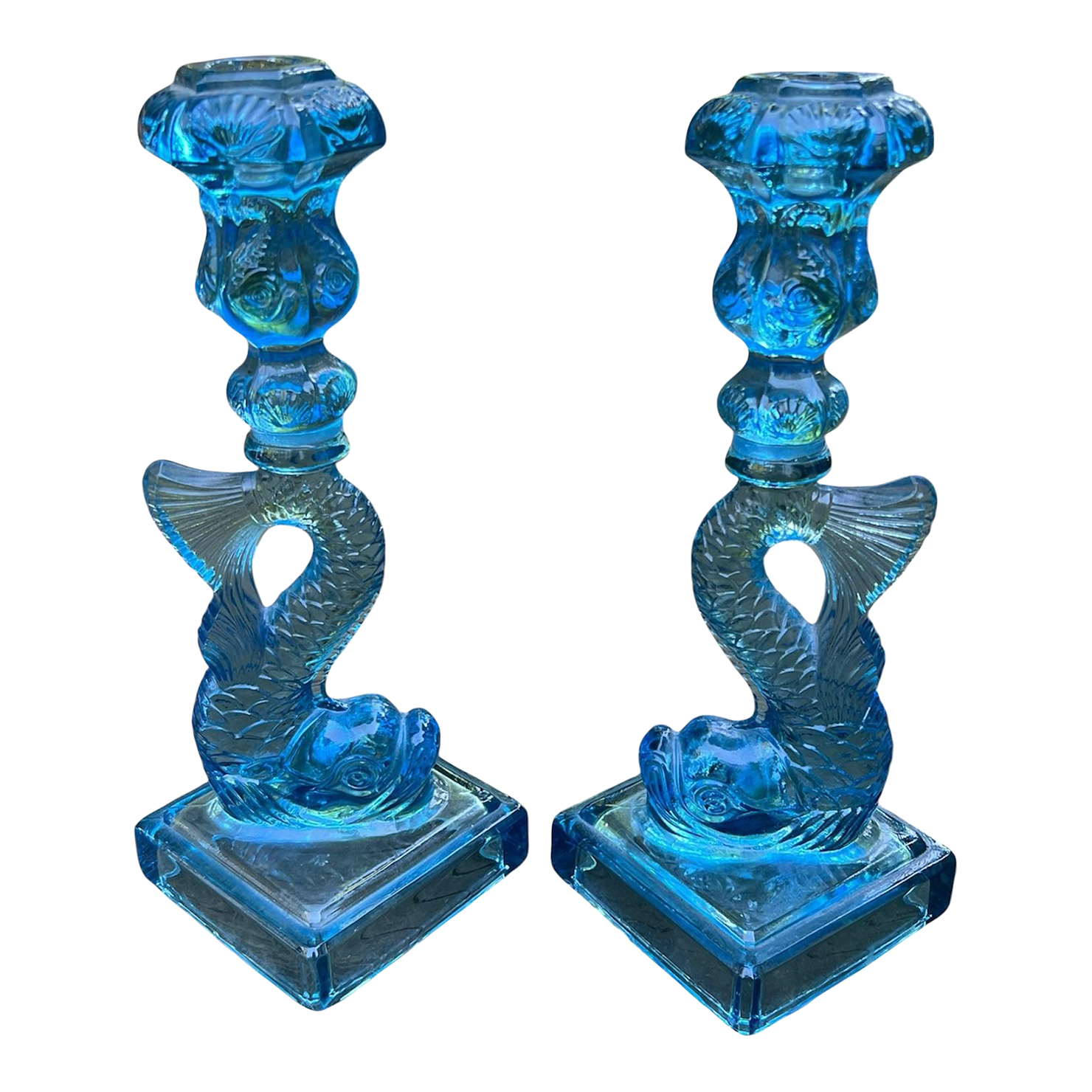 Vintage Metropolitan Museum of Art Imperial Blue Glass Koi Candlesticks - A Pair
