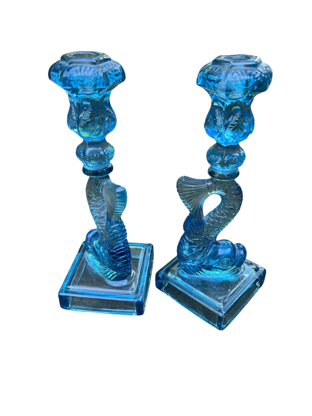 Vintage Metropolitan Museum of Art Imperial Blue Glass Koi Candlesticks - A Pair