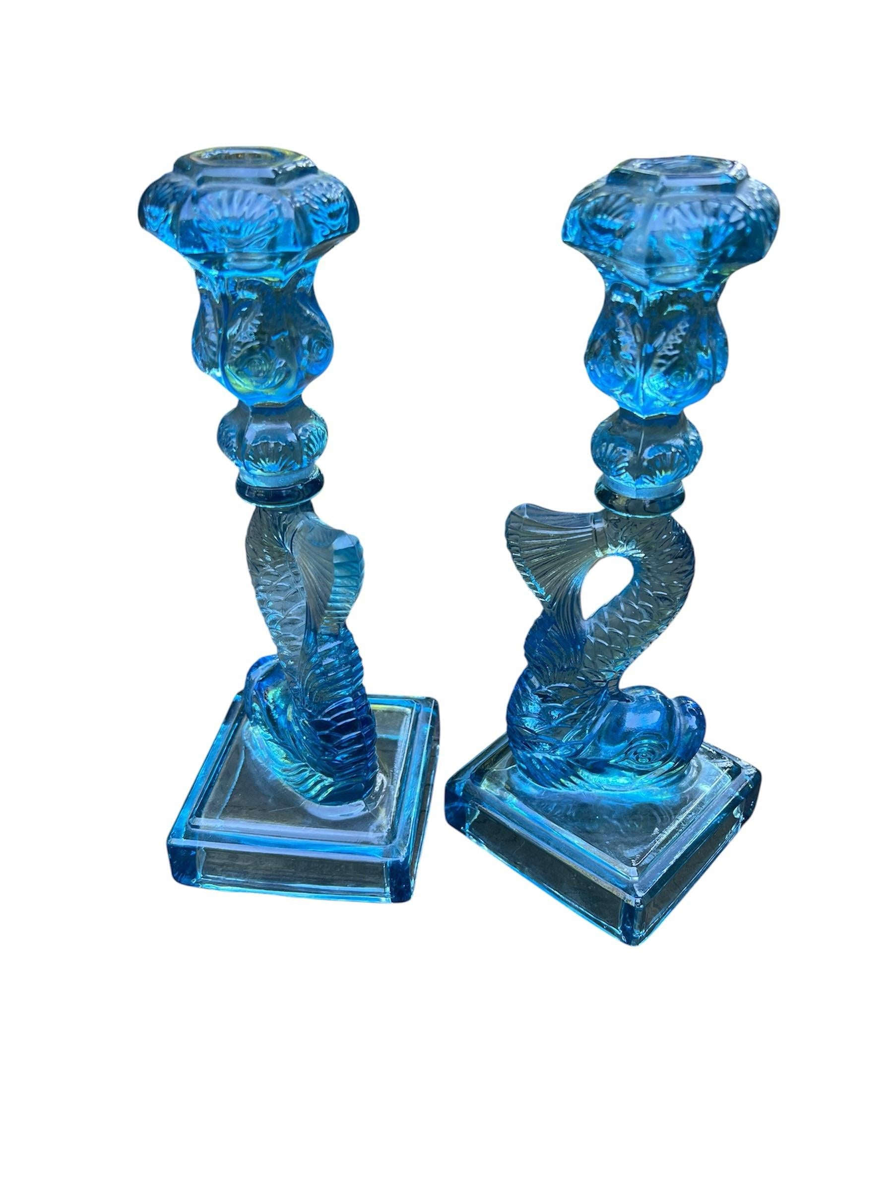 Vintage Metropolitan Museum of Art Imperial Blue Glass Koi Candlesticks - A Pair