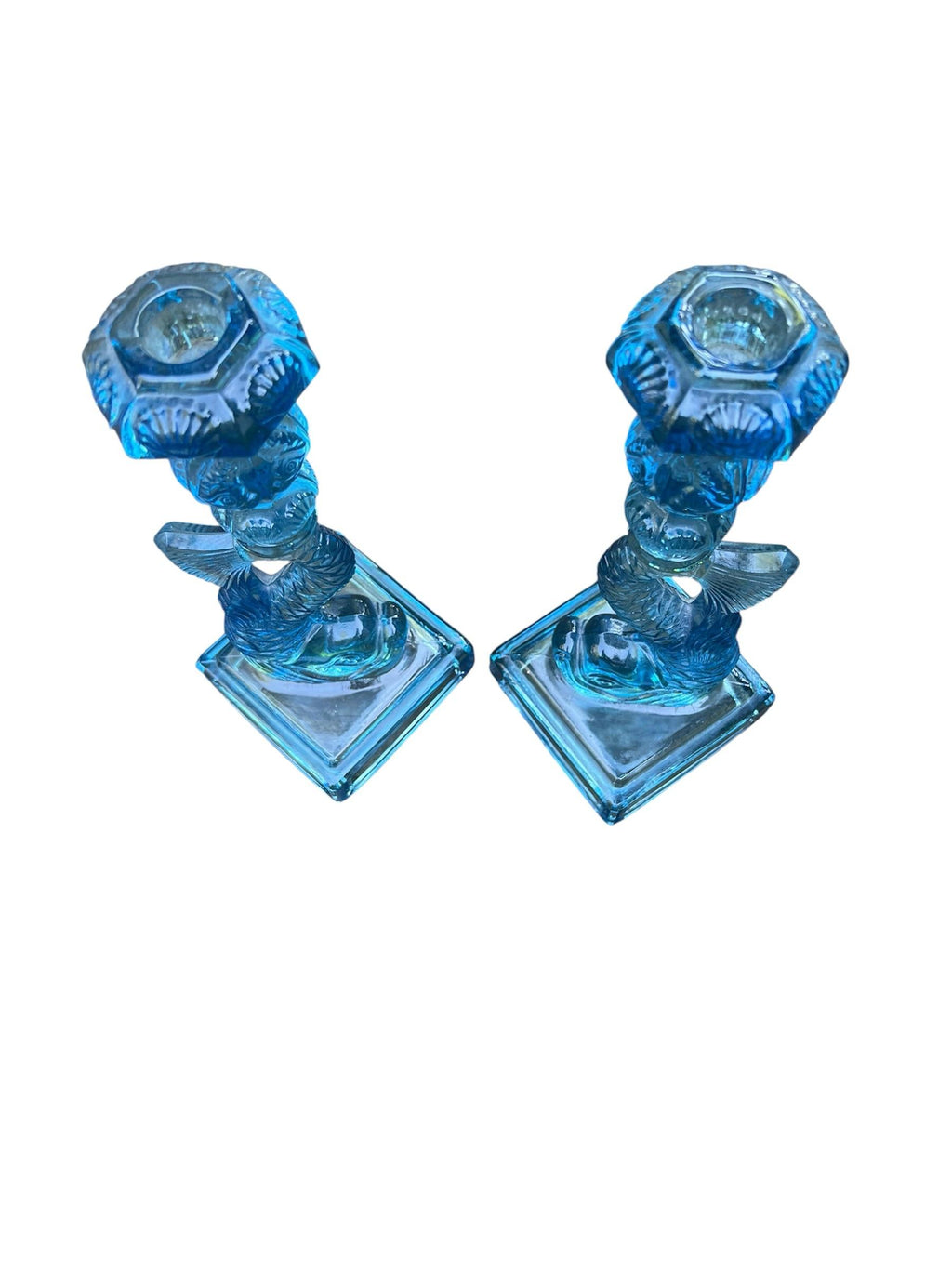 Vintage Metropolitan Museum of Art Imperial Blue Glass Koi Candlesticks - A Pair