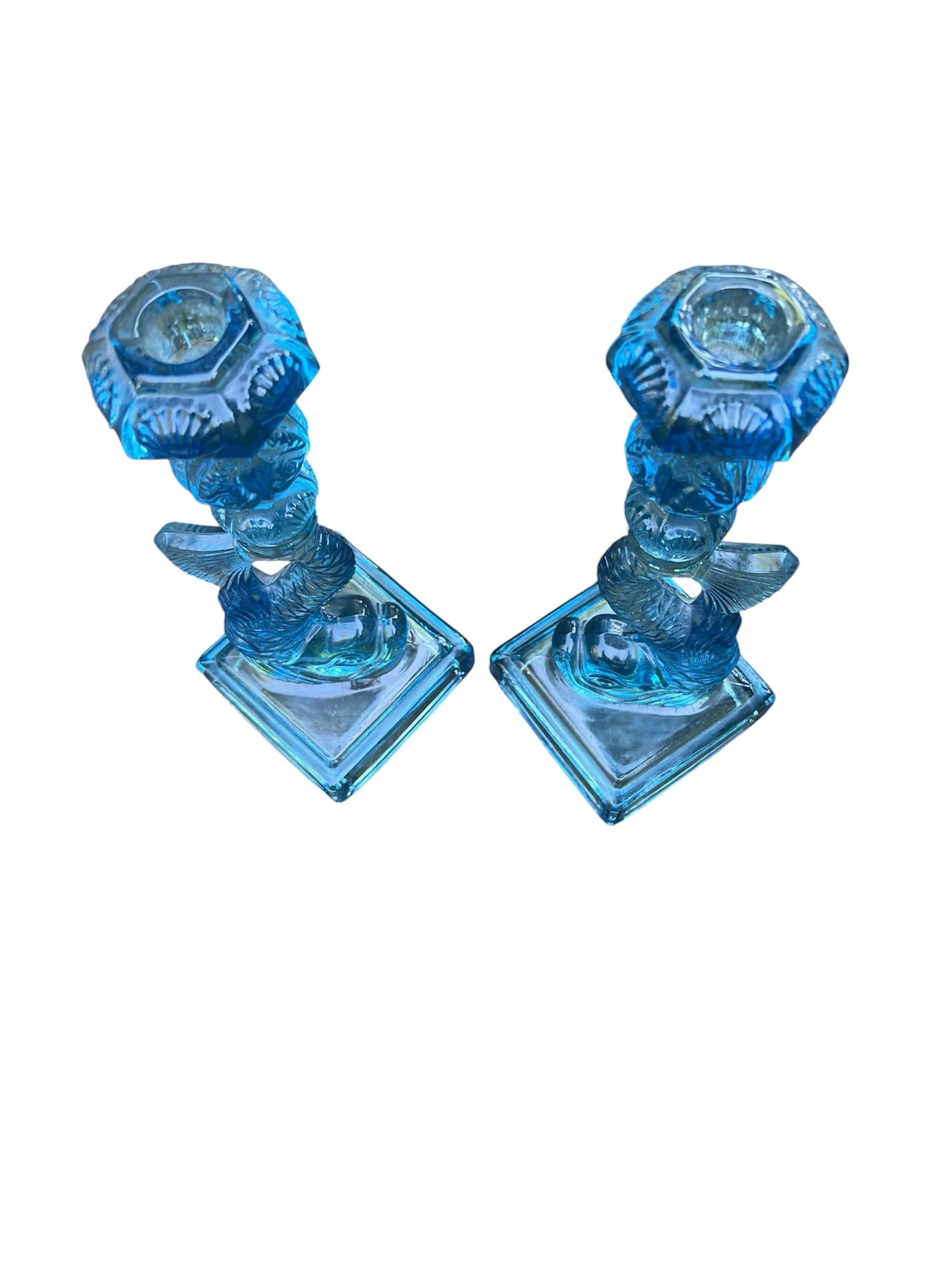Vintage Metropolitan Museum of Art Imperial Blue Glass Koi Candlesticks - A Pair