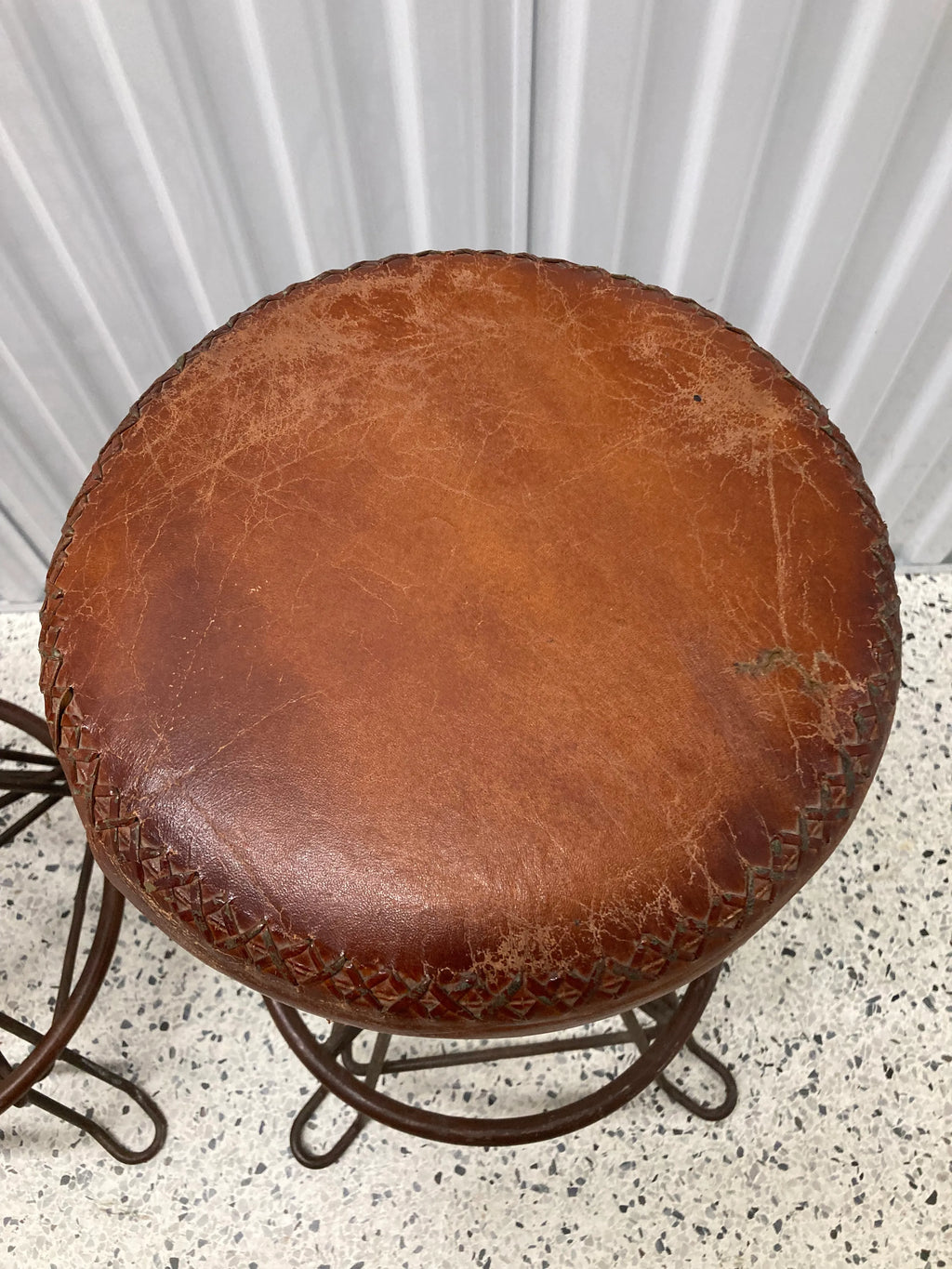 Vintage Mid-20th Century Distressed Leather and Iron Industrial Barstools - a Pair