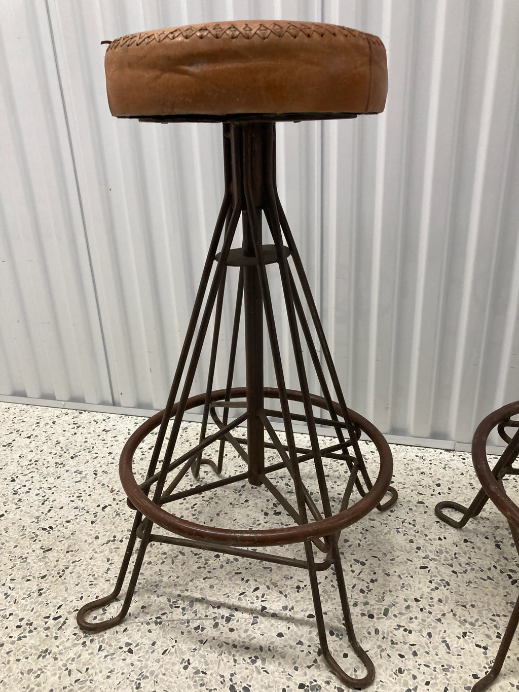 Vintage Mid-20th Century Distressed Leather and Iron Industrial Barstools - a Pair