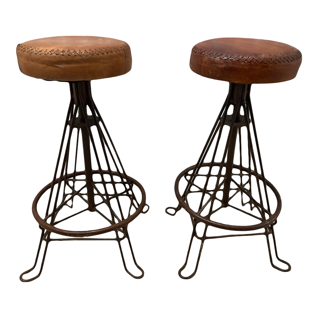 Vintage Mid-20th Century Distressed Leather and Iron Industrial Barstools - a Pair
