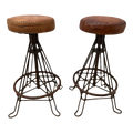 Vintage Mid-20th Century Distressed Leather and Iron Industrial Barstools - a Pair