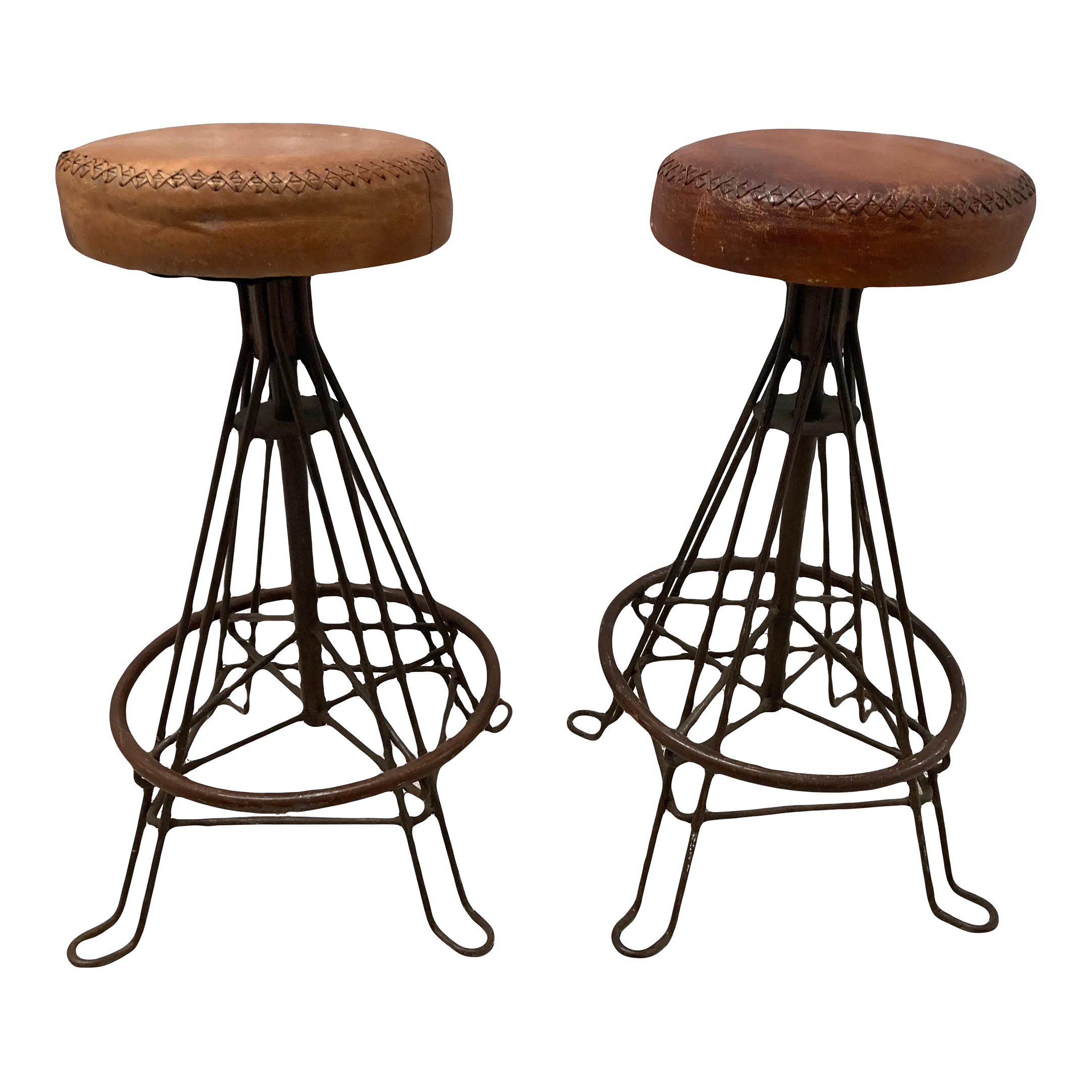 Vintage Mid-20th Century Distressed Leather and Iron Industrial Barstools - a Pair