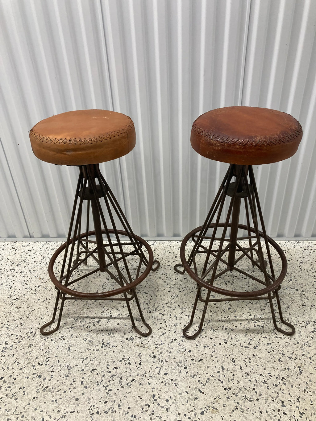 Vintage Mid-20th Century Distressed Leather and Iron Industrial Barstools - a Pair
