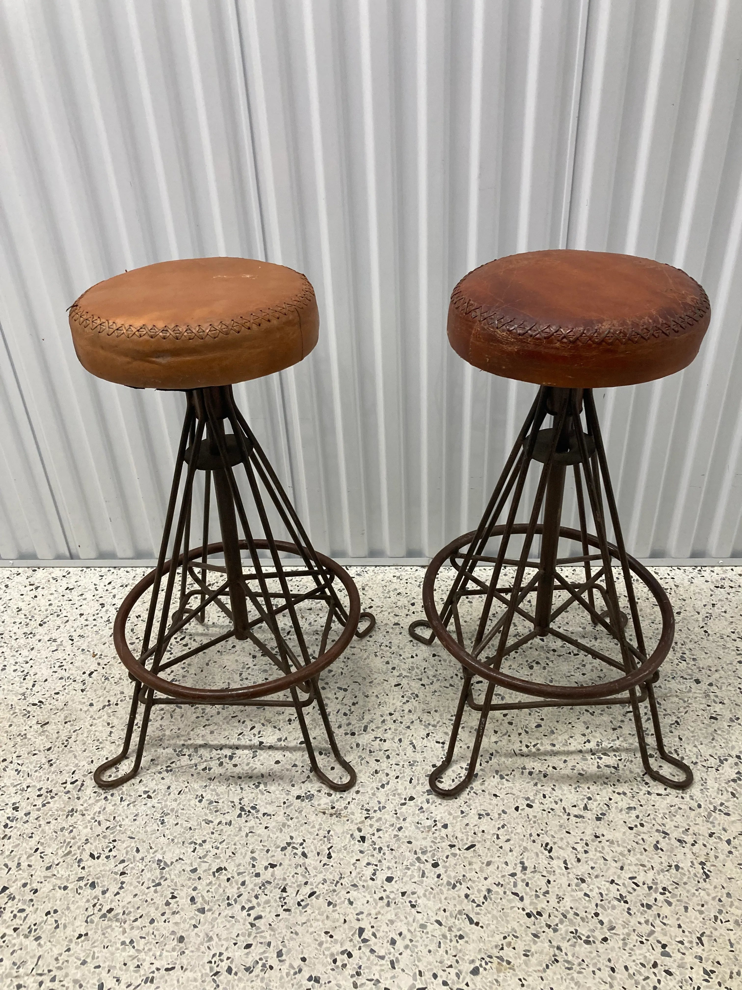 Vintage Mid-20th Century Distressed Leather and Iron Industrial Barstools - a Pair