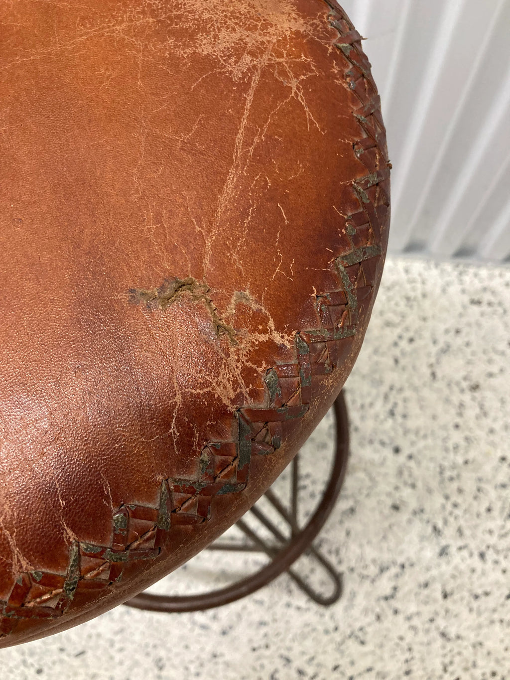 Vintage Mid-20th Century Distressed Leather and Iron Industrial Barstools - a Pair