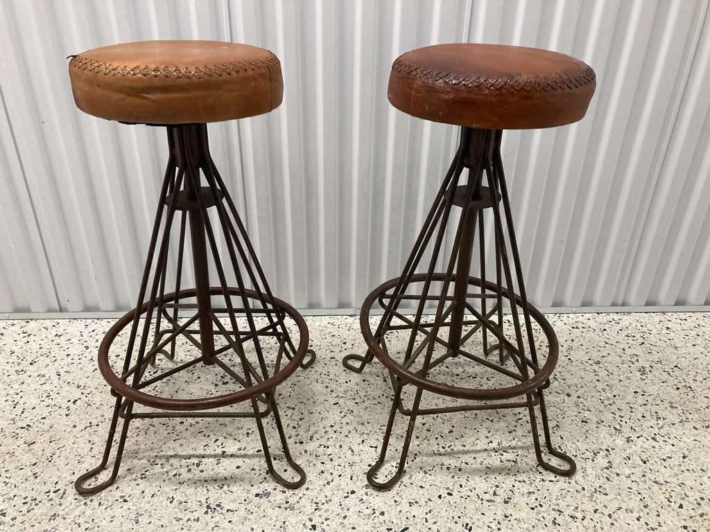 Vintage Mid-20th Century Distressed Leather and Iron Industrial Barstools - a Pair