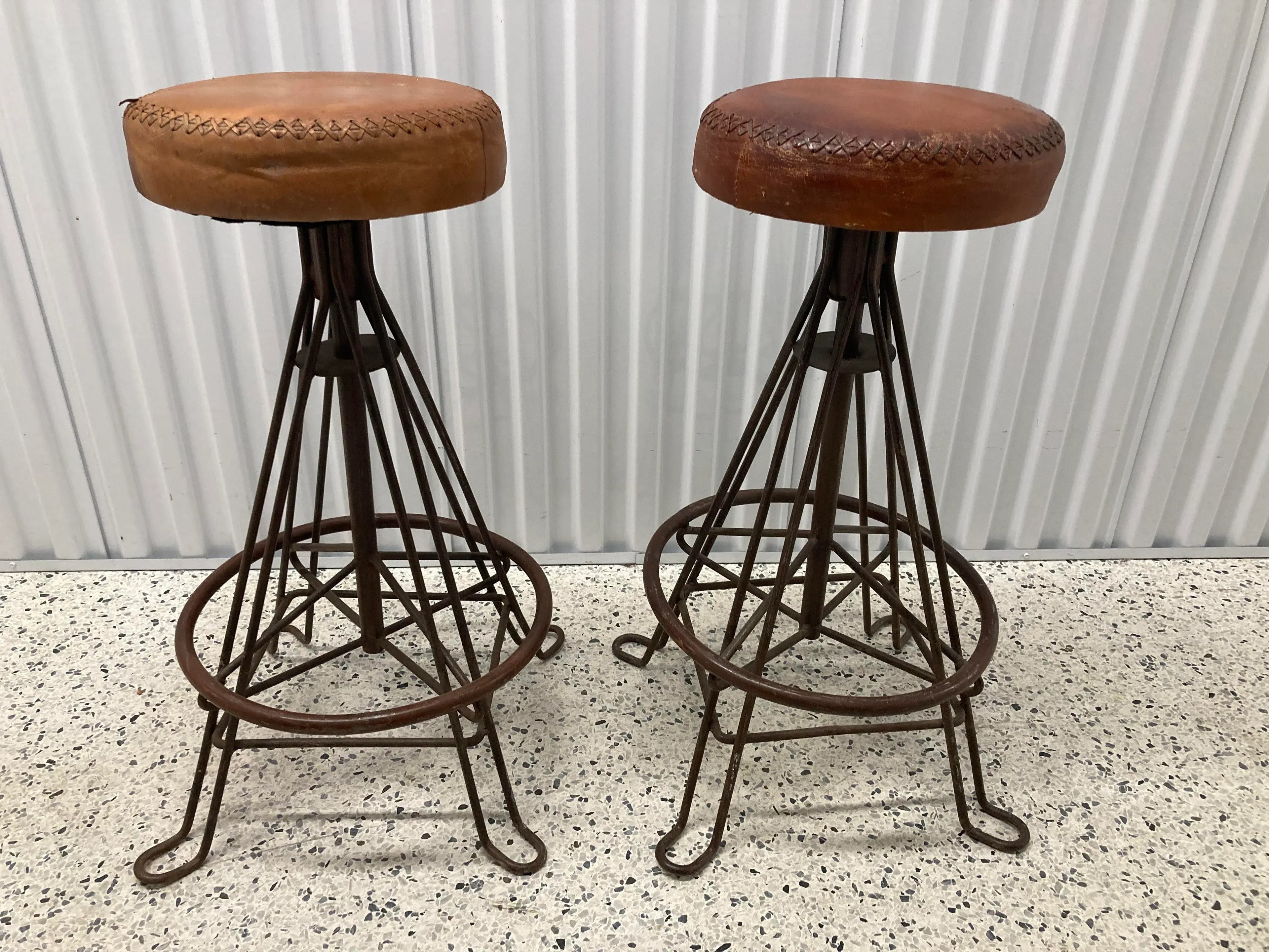 Vintage Mid-20th Century Distressed Leather and Iron Industrial Barstools - a Pair