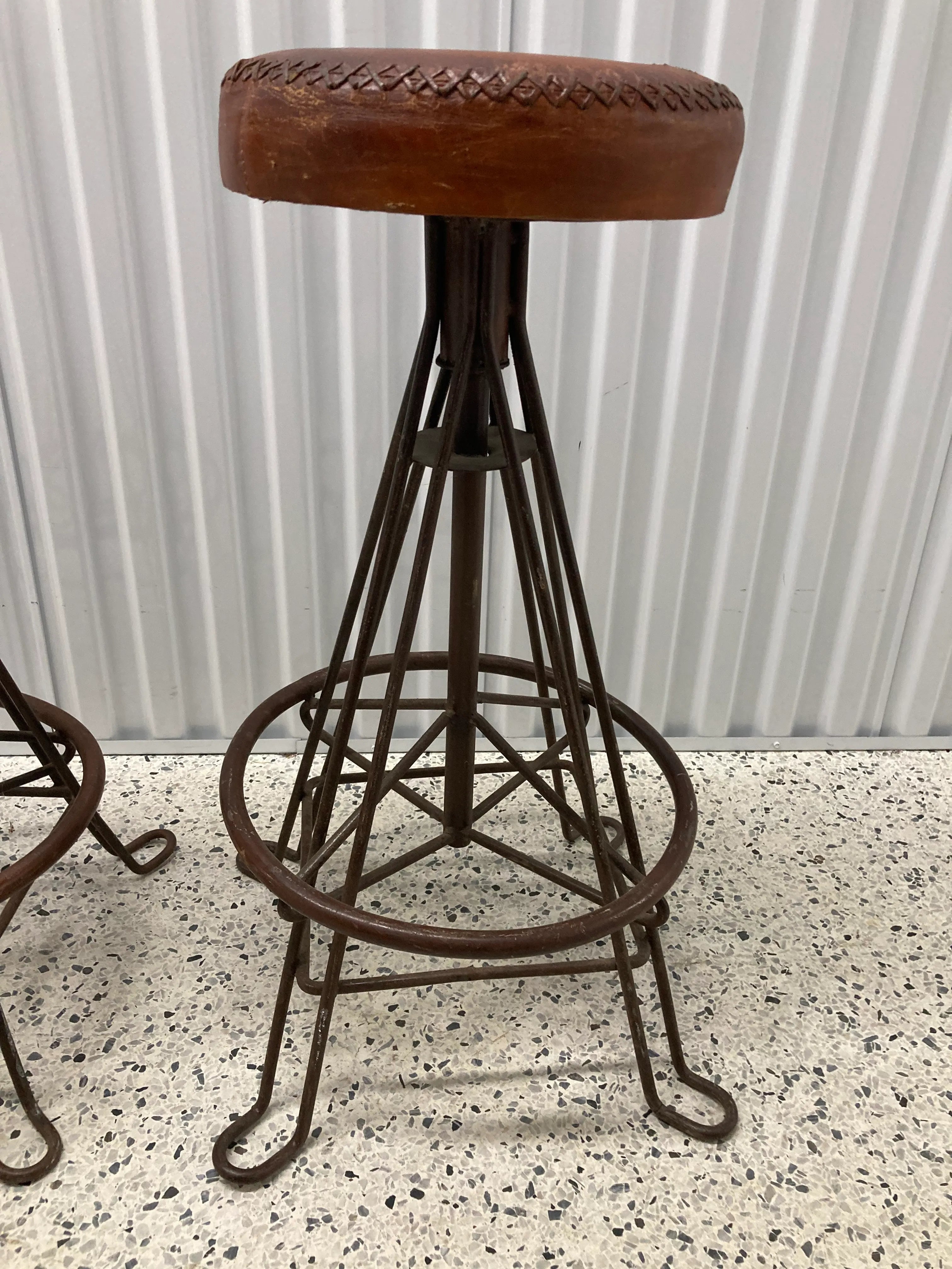 Vintage Mid-20th Century Distressed Leather and Iron Industrial Barstools - a Pair
