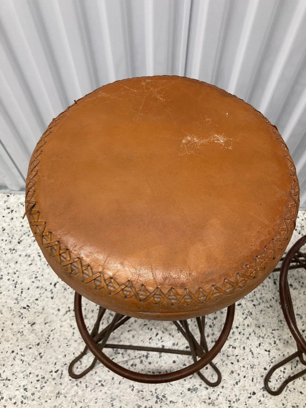 Vintage Mid-20th Century Distressed Leather and Iron Industrial Barstools - a Pair