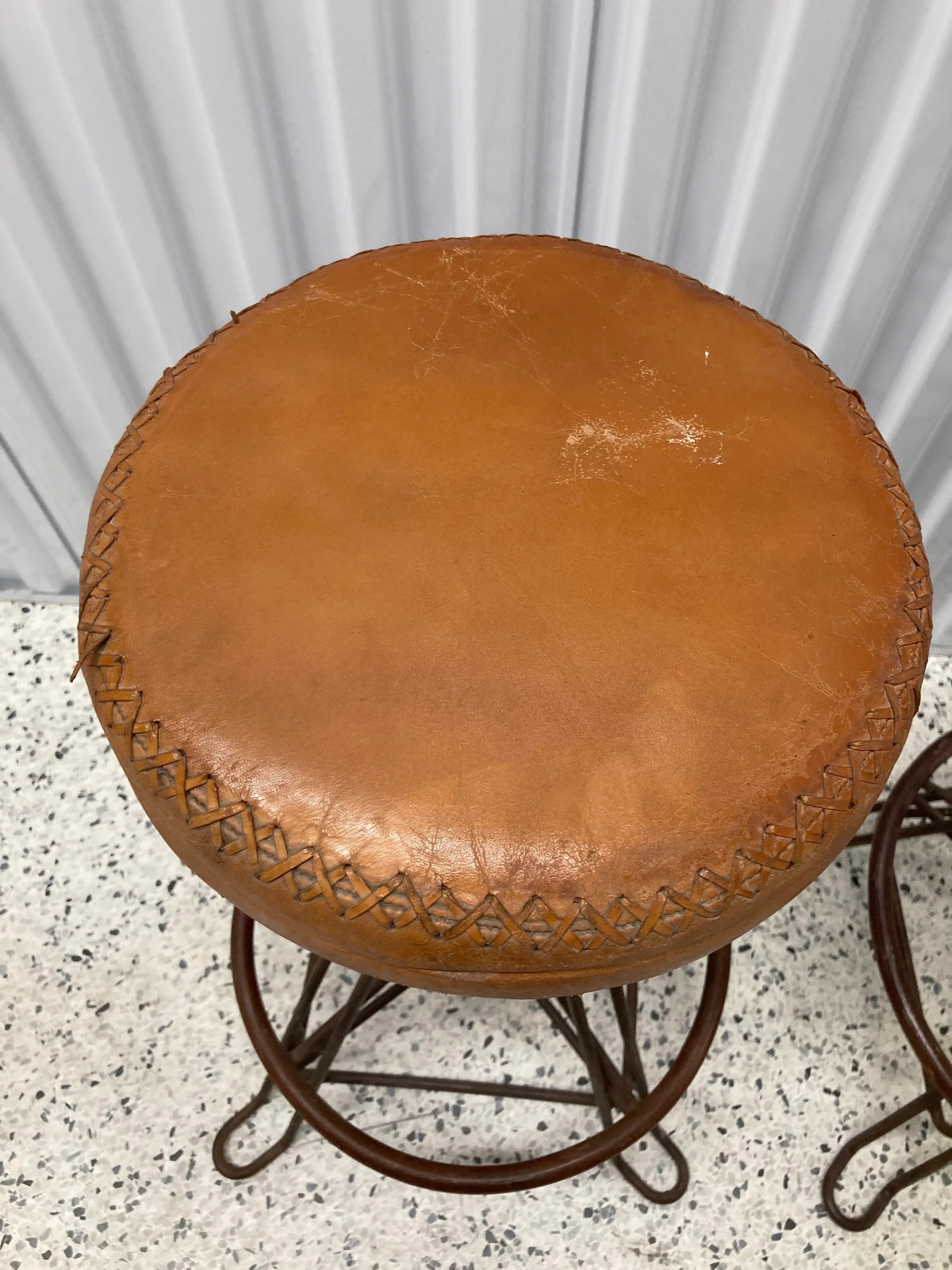 Vintage Mid-20th Century Distressed Leather and Iron Industrial Barstools - a Pair